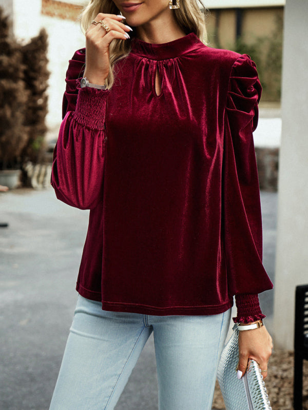 Women's gold velvet turtleneck bow puff sleeve shirt Print on any thing USA/STOD clothes
