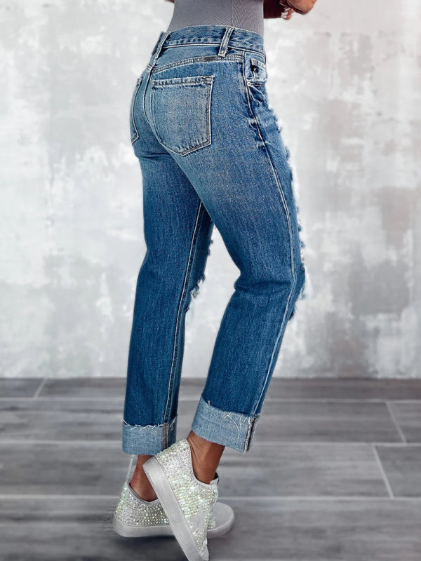 Women's high waist ripped straight leg street style long jeans Print on any thing USA/STOD clothes