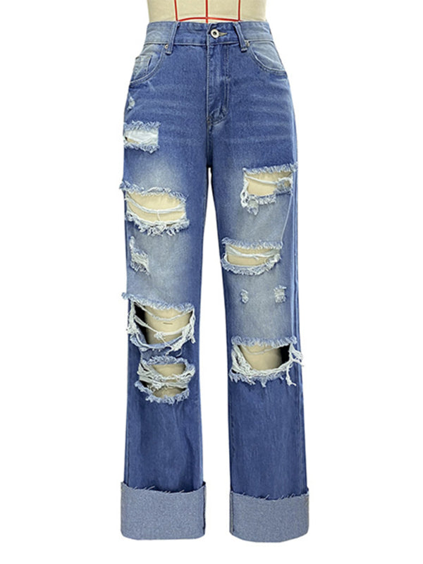Women's high waist ripped straight leg street style long jeans Print on any thing USA/STOD clothes