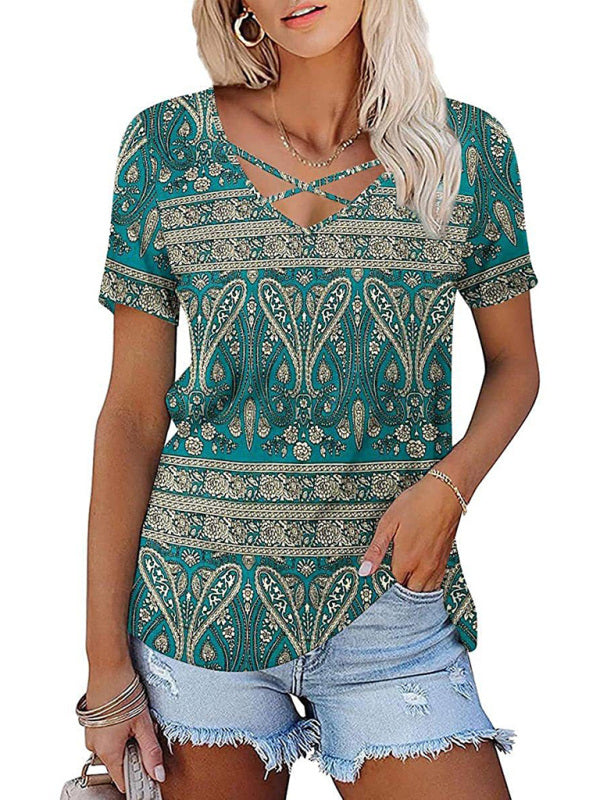 Women's knitted casual ethnic style V-neck short-sleeved T-shirt Print on any thing USA/STOD clothes