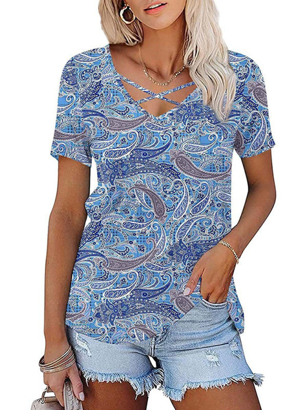 Women's knitted casual ethnic style V-neck short-sleeved T-shirt Print on any thing USA/STOD clothes