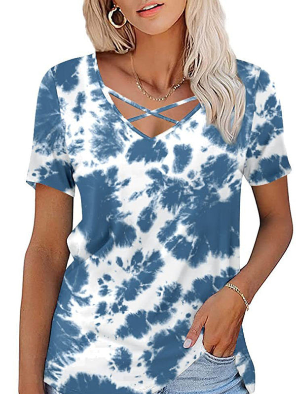 Women's knitted casual ethnic style V-neck short-sleeved T-shirt Print on any thing USA/STOD clothes