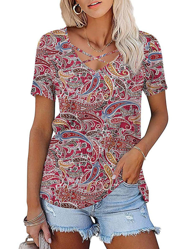 Women's knitted casual ethnic style V-neck short-sleeved T-shirt Print on any thing USA/STOD clothes