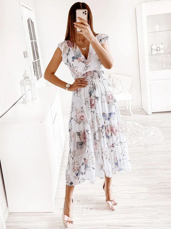 Women's ruffled short-sleeved V-neck printed dress (without belt) Print on any thing USA/STOD clothes
