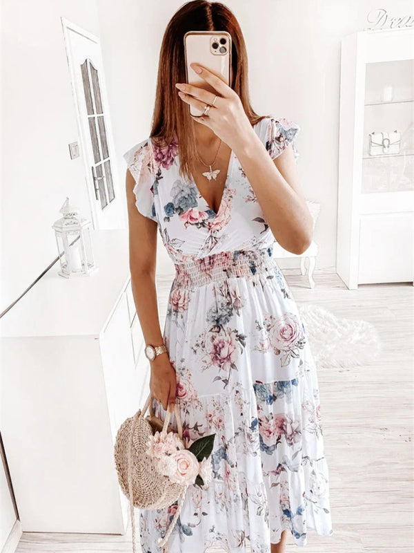 Women's ruffled short-sleeved V-neck printed dress (without belt) Print on any thing USA/STOD clothes