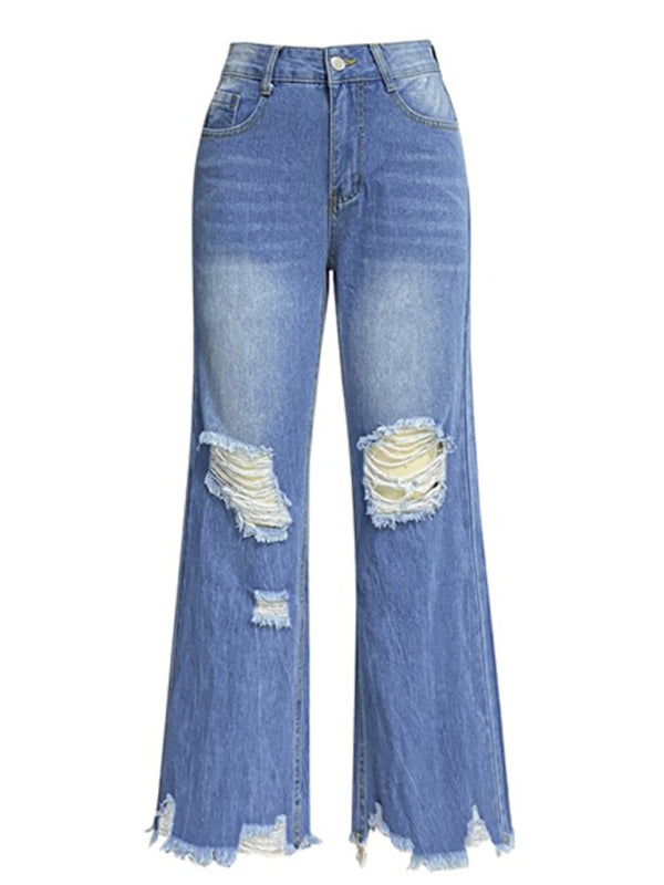 Women's tassel washed ripped wide leg jeans Print on any thing USA/STOD clothes