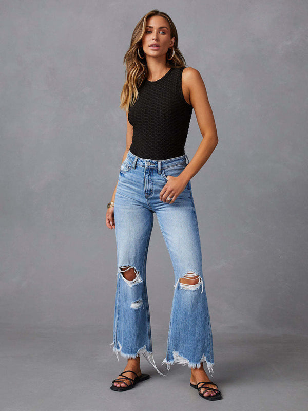 Women's tassel washed ripped wide leg jeans Print on any thing USA/STOD clothes