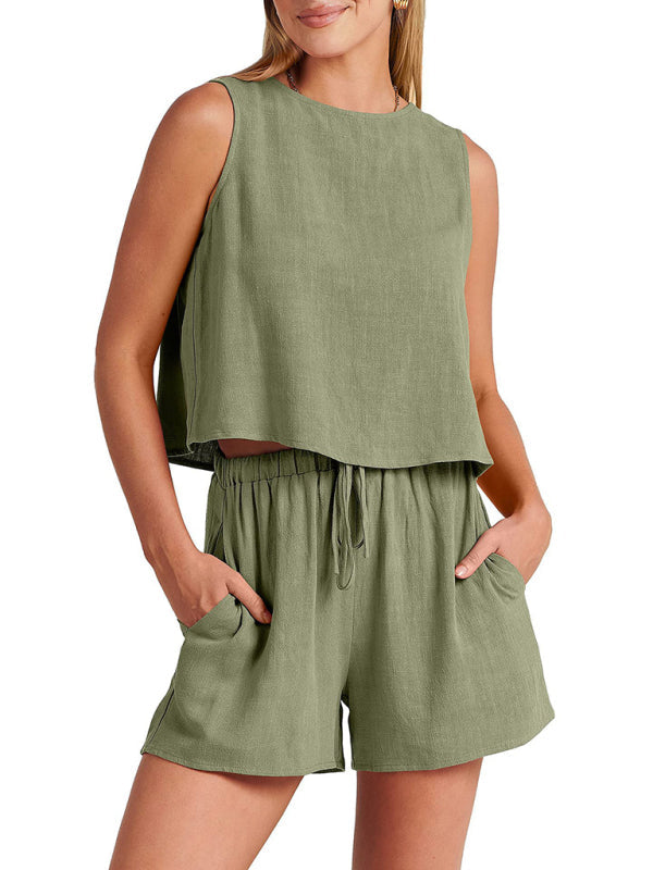 Women's woven solid color sleeveless loose cotton linen top shorts two-piece set Print on any thing USA/STOD clothes