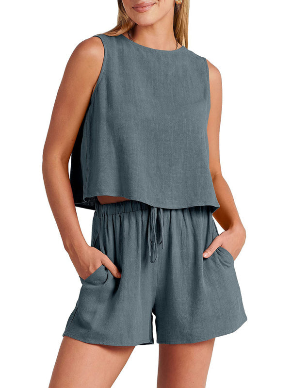 Women's woven solid color sleeveless loose cotton linen top shorts two-piece set Print on any thing USA/STOD clothes