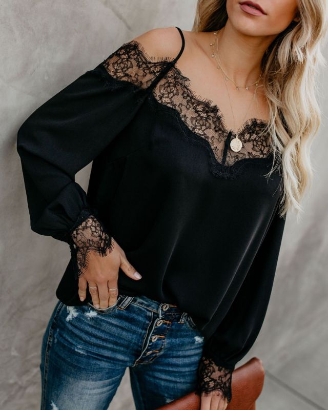 Lace Splice Chiffon Long Sleeve V-Neck Top