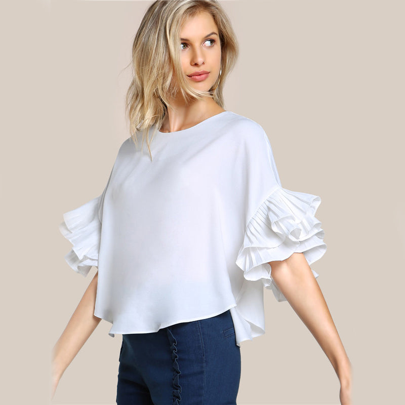 Round Neck Lotus Leaf Double Layer Flared Sleeve Short Top