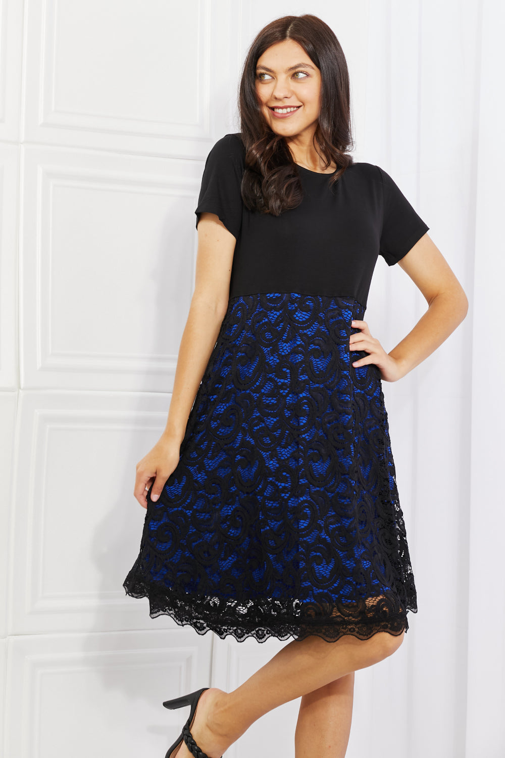 Yelete Full Size Contrasting Lace Midi Dress Print on any thing USA/STOD clothes