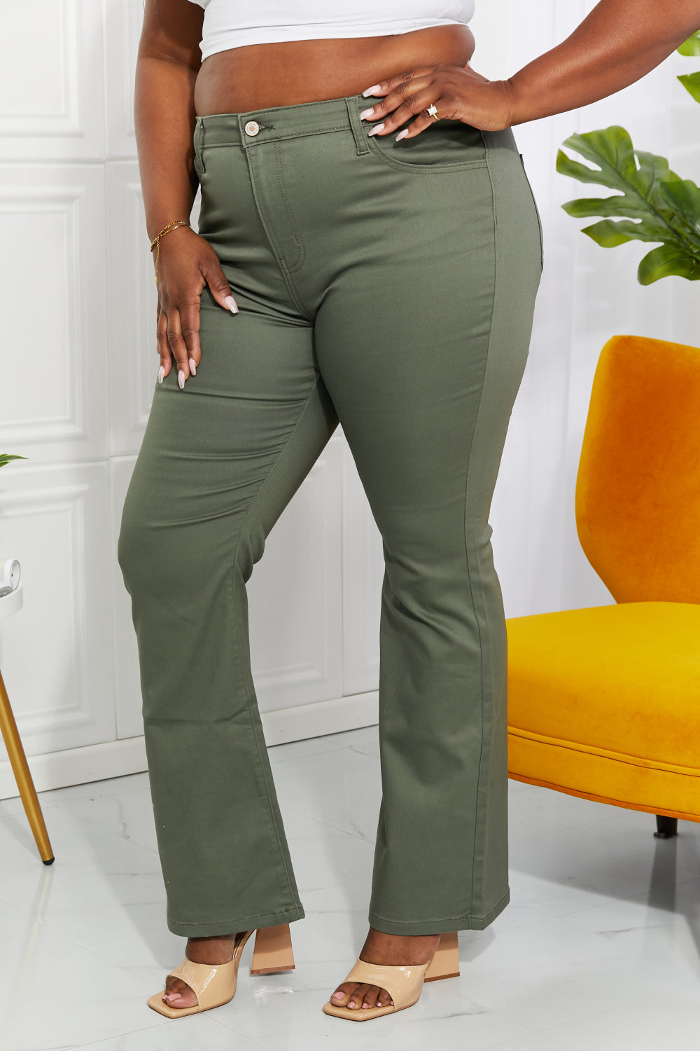 Zenana Clementine Full Size High-Rise Bootcut Jeans in Olive Print on any thing USA/STOD clothes