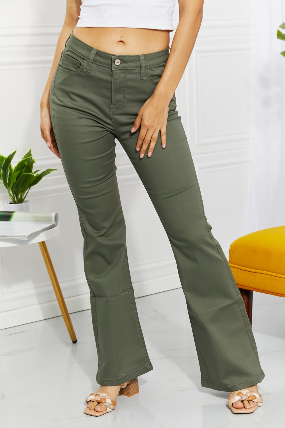 Zenana Clementine Full Size High-Rise Bootcut Jeans in Olive Print on any thing USA/STOD clothes