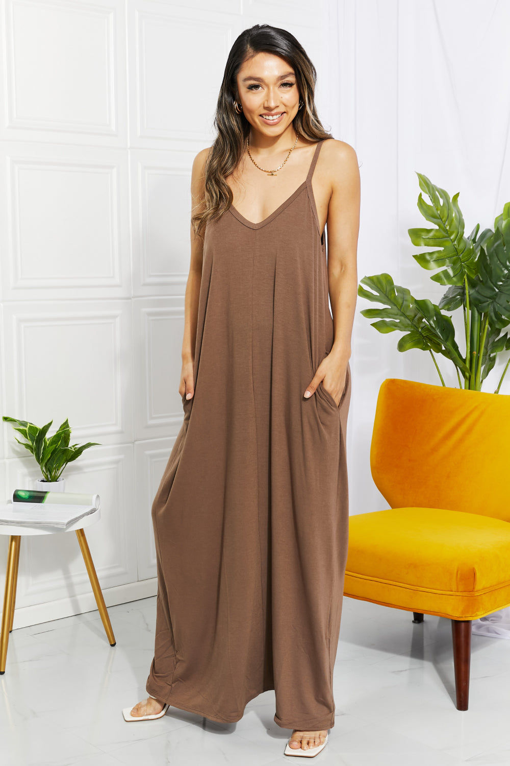 Zenana Full Size Beach Vibes Cami Maxi Dress in Mocha Print on any thing USA/STOD clothes