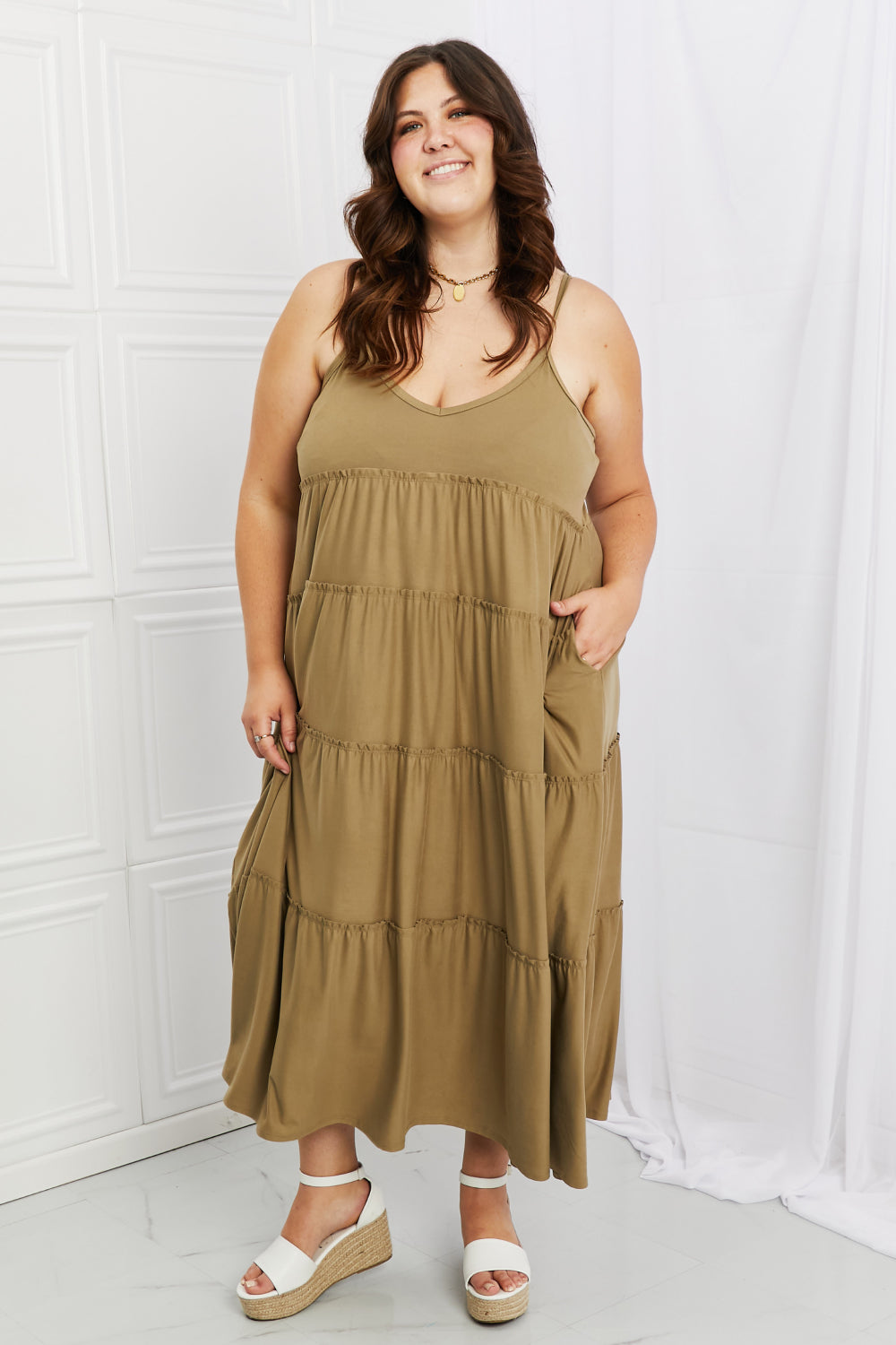 Zenana Full Size Spaghetti Strap Tiered Dress with Pockets in Khaki Print on any thing USA/STOD clothes