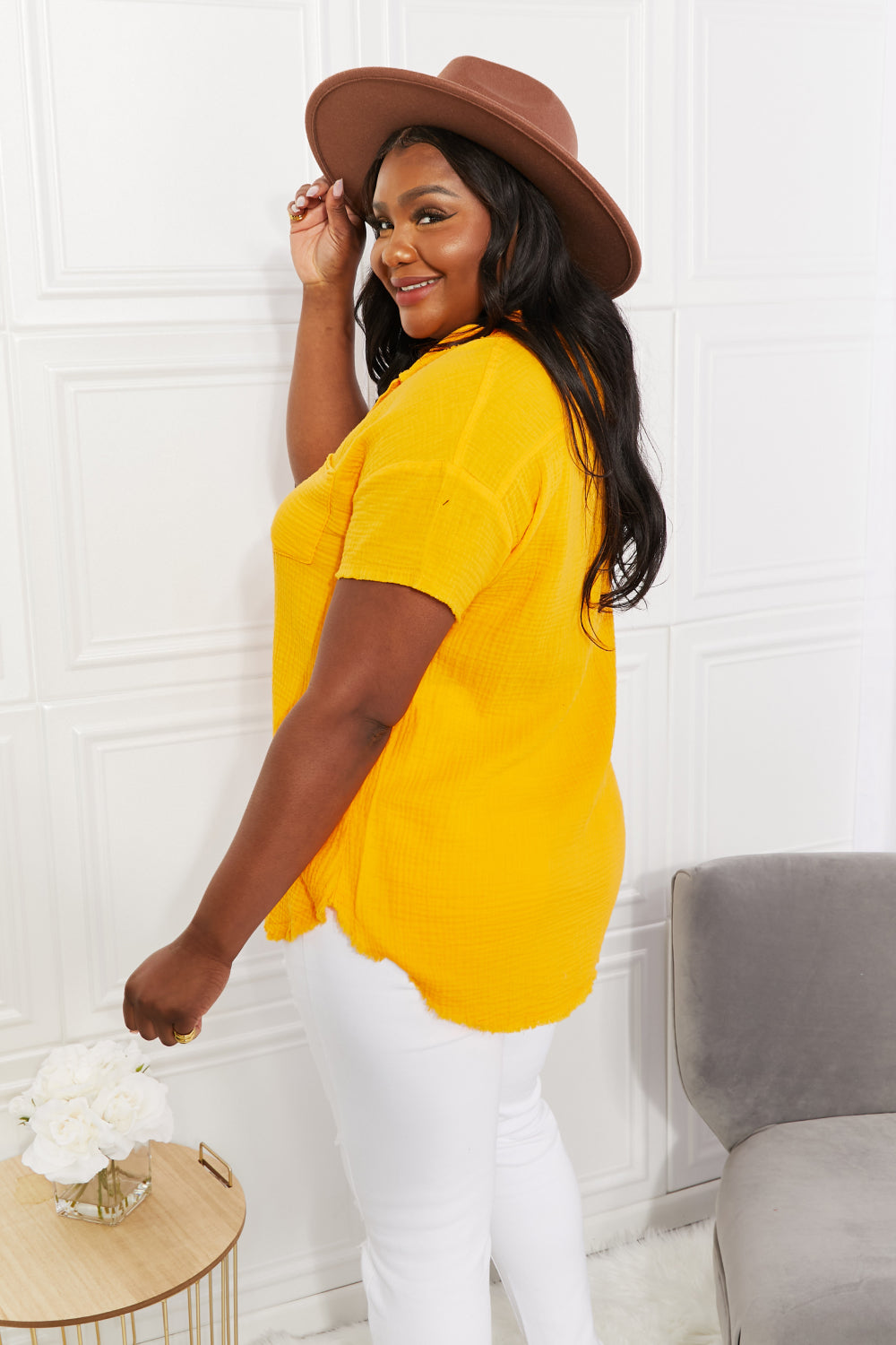 Zenana Full Size Summer Breeze Gauze Short Sleeve Shirt in Mustard Print on any thing USA/STOD clothes