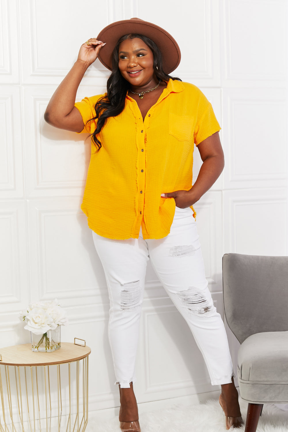 Zenana Full Size Summer Breeze Gauze Short Sleeve Shirt in Mustard Print on any thing USA/STOD clothes