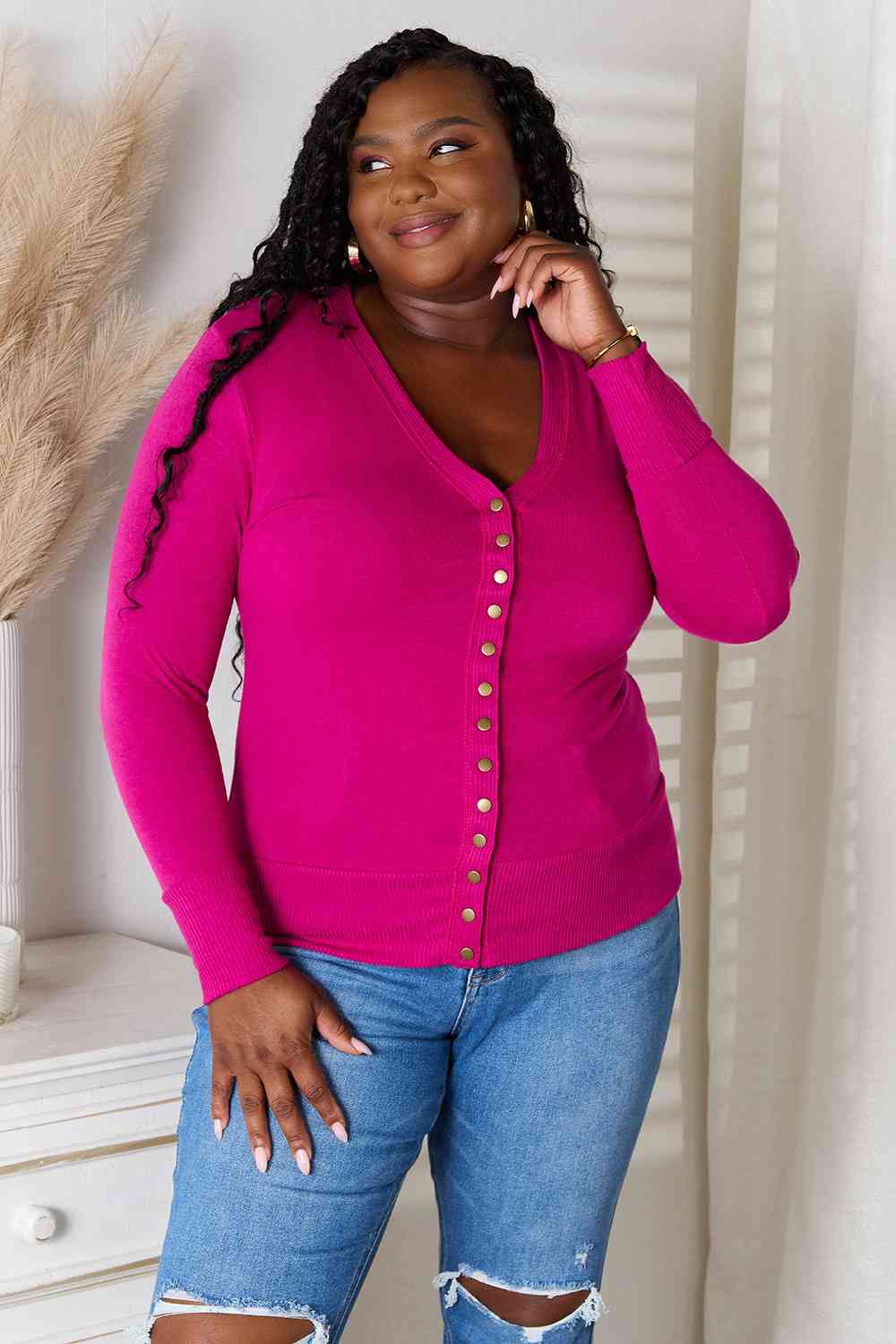 Zenana Full Size V-Neck Long Sleeve Cardigan Print on any thing USA/STOD clothes