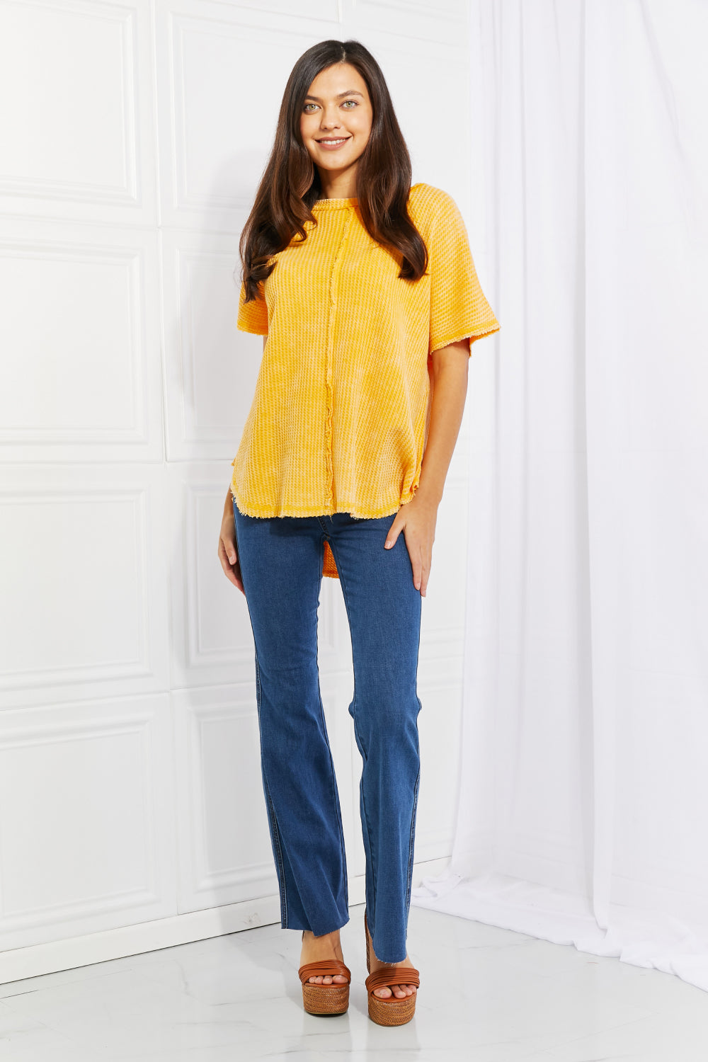 Zenana Start Small Washed Waffle Knit Top in Yellow Gold Print on any thing USA/STOD clothes
