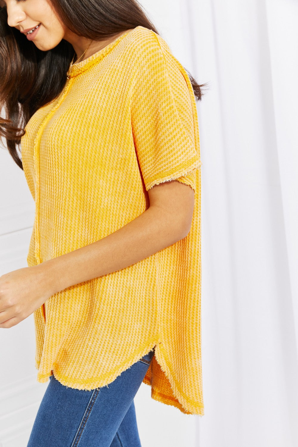 Zenana Start Small Washed Waffle Knit Top in Yellow Gold Print on any thing USA/STOD clothes