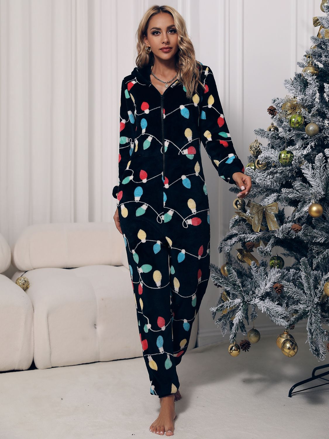 Zip Front Hooded Lounge Jumpsuit with Pockets Print on any thing USA/STOD clothes