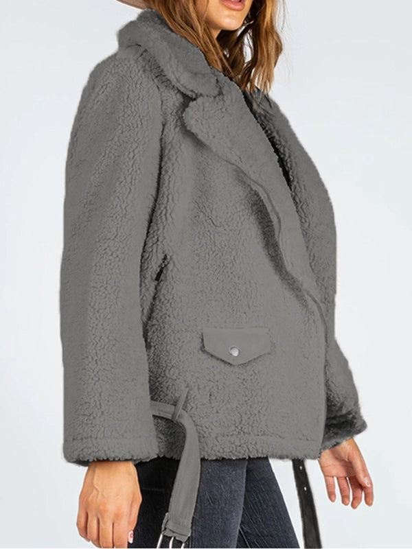 Zip-Up Belted Sherpa Jacket Print on any thing USA/STOD clothes