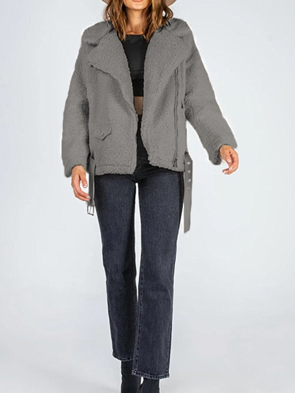 Zip-Up Belted Sherpa Jacket Print on any thing USA/STOD clothes