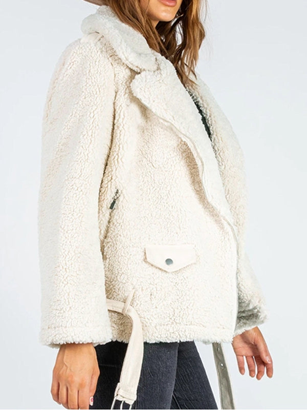 Zip-Up Belted Sherpa Jacket Print on any thing USA/STOD clothes