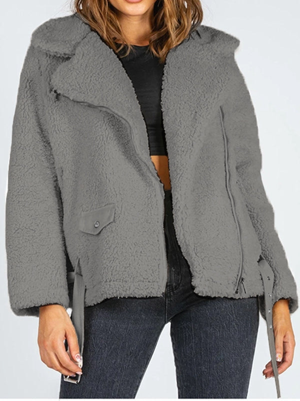 Zip-Up Belted Sherpa Jacket Print on any thing USA/STOD clothes