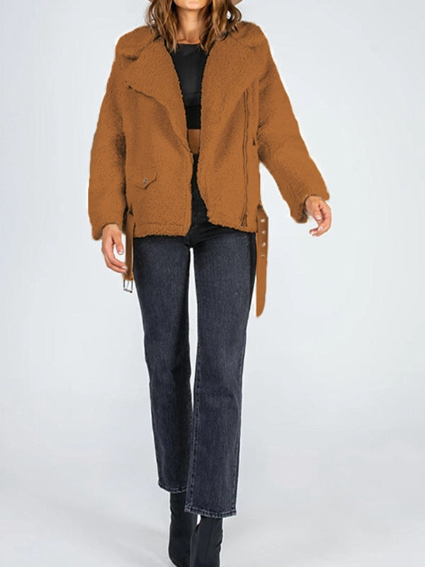 Zip-Up Belted Sherpa Jacket Print on any thing USA/STOD clothes