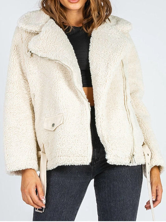 Zip-Up Belted Sherpa Jacket Print on any thing USA/STOD clothes