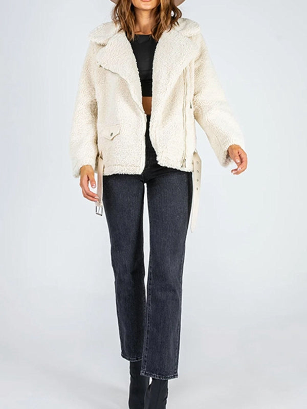 Zip-Up Belted Sherpa Jacket Print on any thing USA/STOD clothes