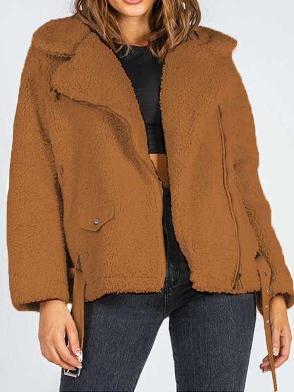 Zip-Up Belted Sherpa Jacket Print on any thing USA/STOD clothes