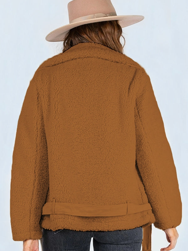 Zip-Up Belted Sherpa Jacket Print on any thing USA/STOD clothes