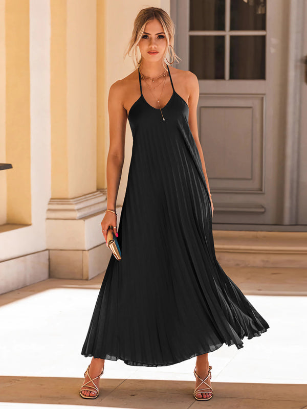 A-hem pleated long dress - Black / S