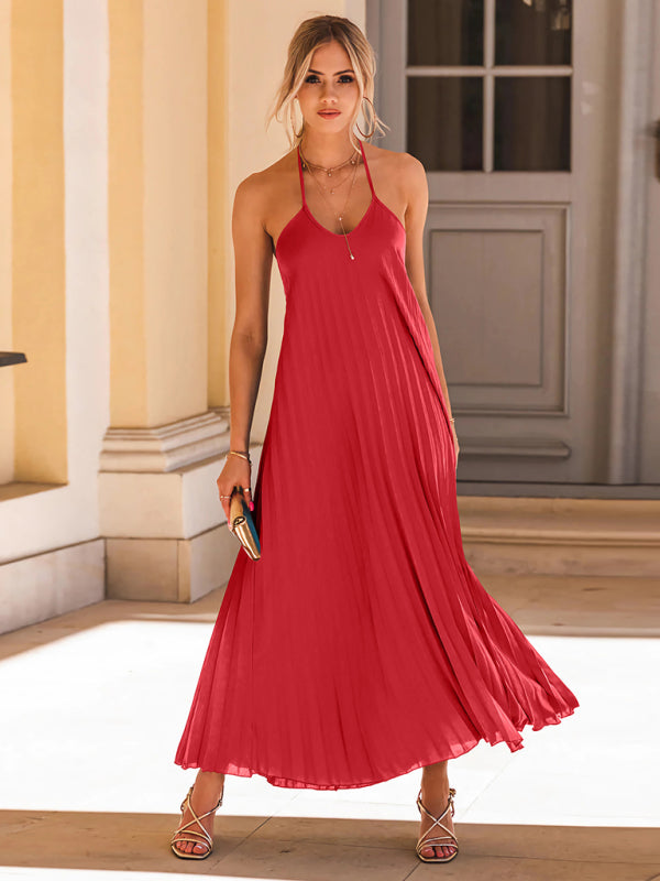 A-hem pleated long dress - Red / S