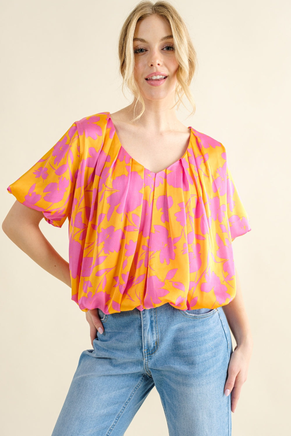 And The Why Full Size Printed Satin Bubble Hem Top - Citrus