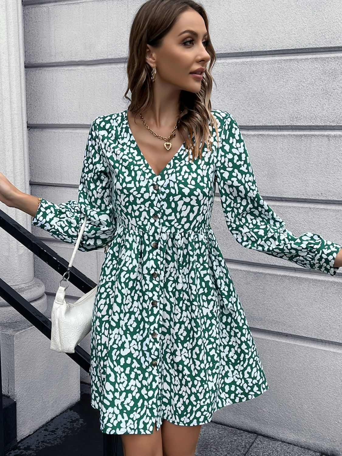 Animal Print Buttoned V-Neck Long Sleeve Dress Print on any thing USA/STOD clothes