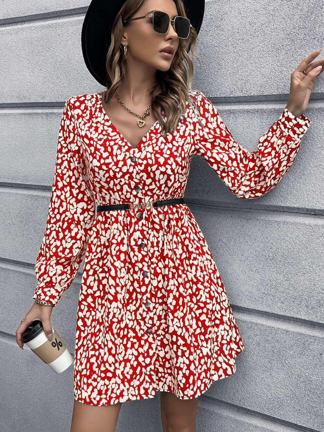 Animal Print Buttoned V-Neck Long Sleeve Dress Print on any thing USA/STOD clothes