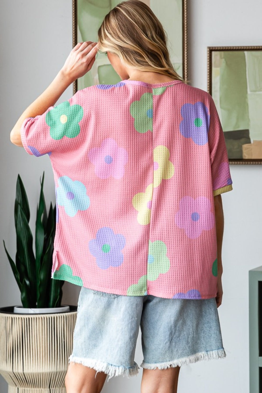 HOPELY Full Size Floral Round Neck Side Slit Waffle T-Shirt