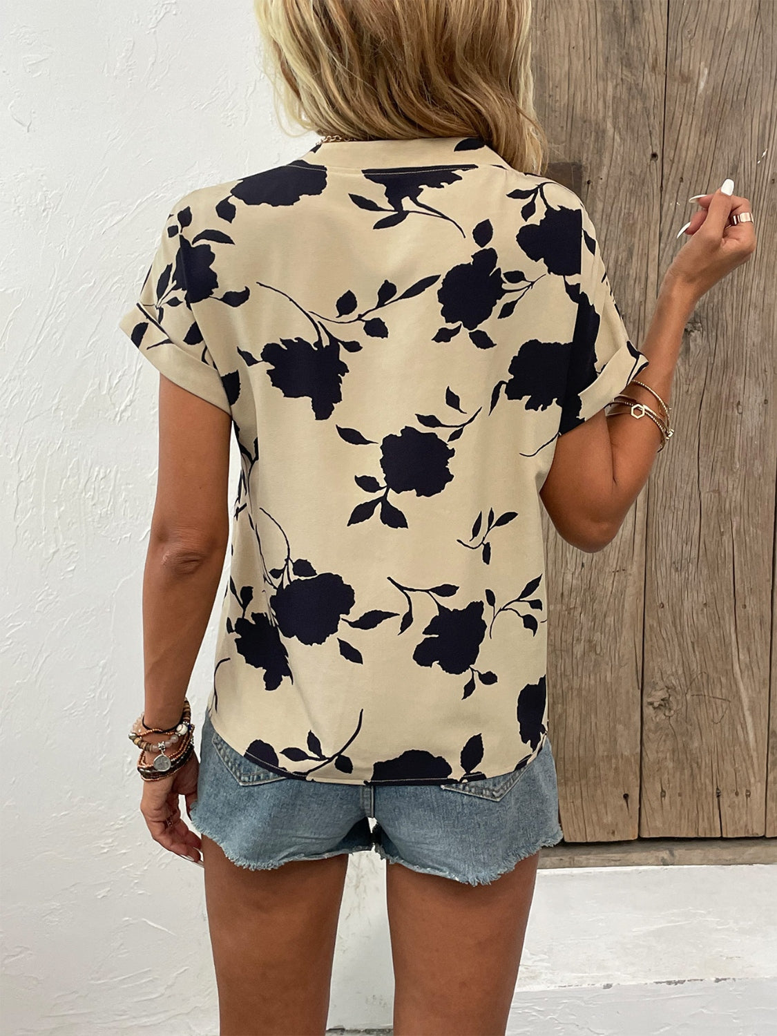 Floral Notched Short Sleeve Blouse