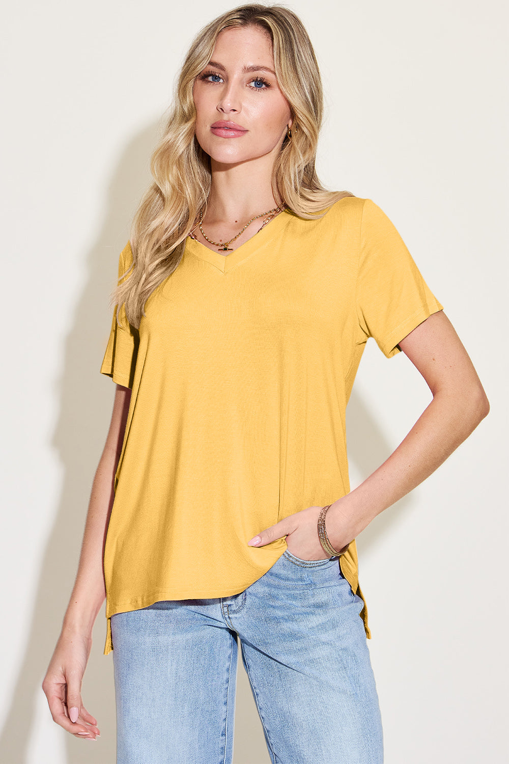 Basic Bae Bamboo Full Size V-Neck High-Low T-Shirt - Yellow