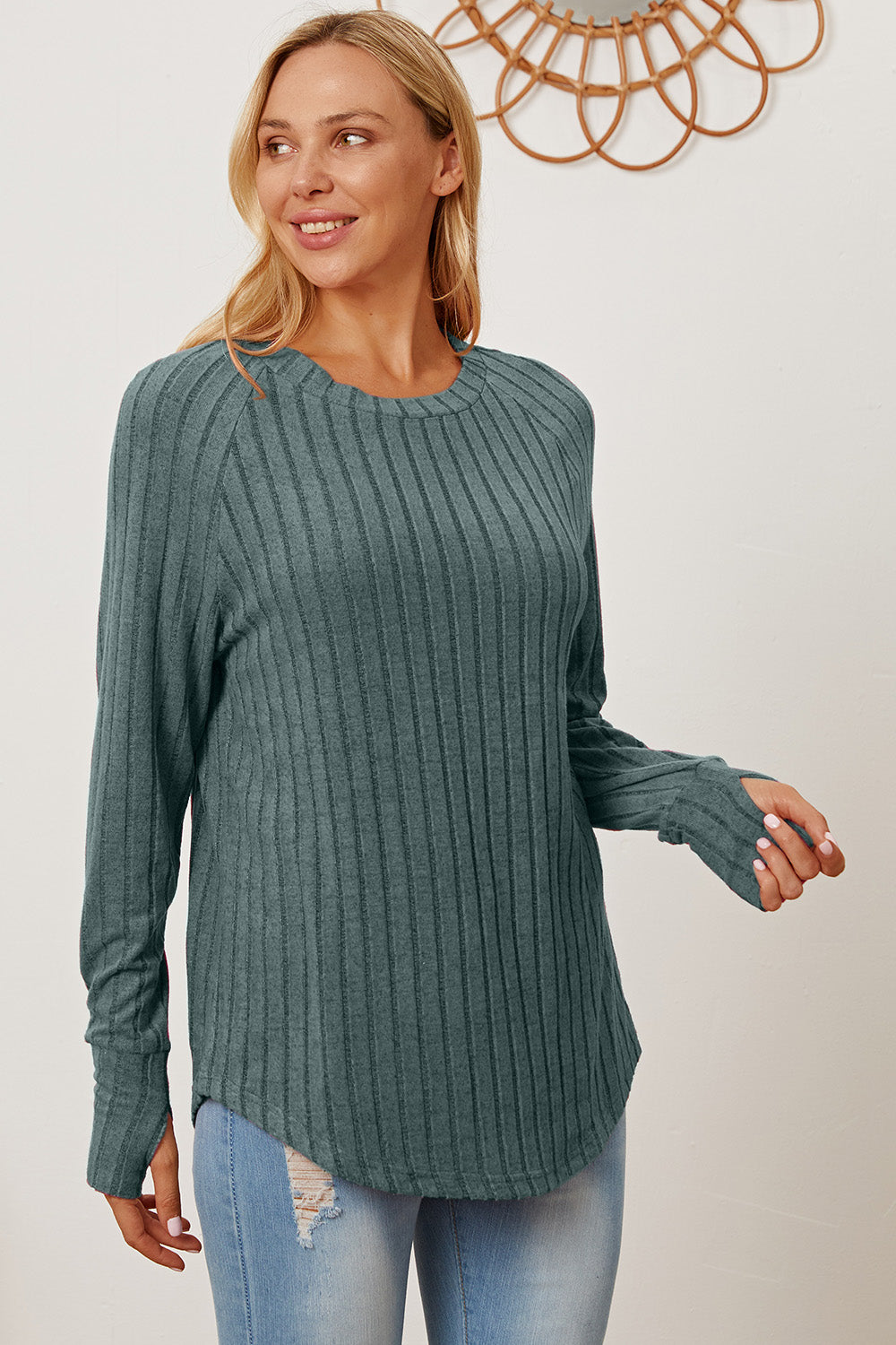 Basic Bae Full Size Ribbed Thumbhole Sleeve T-Shirt - Teal