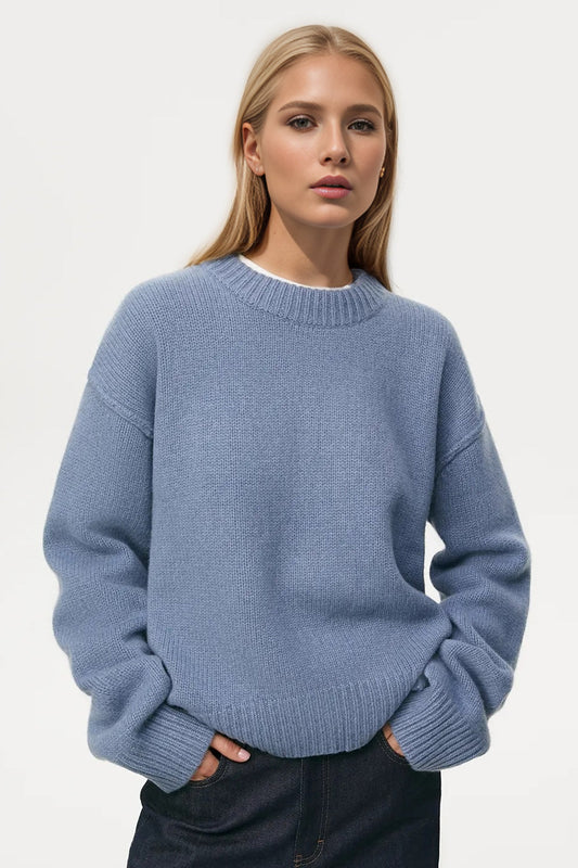 Basic Bae Round Neck Dropped Shoulder Sweater - Dusty Blue