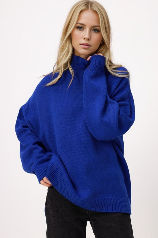 Basic Bae Side Slit Turtleneck Long Sleeve Sweater - Royal