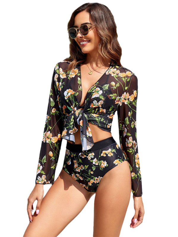 Bikini botanical print lace-up resort swimsuit three-piece