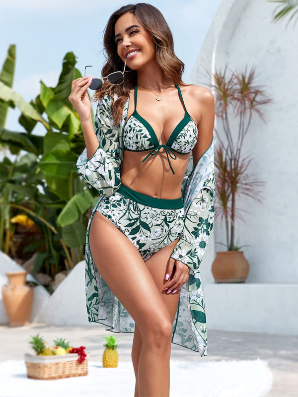 Bikini botanical print lace-up resort swimsuit three-piece