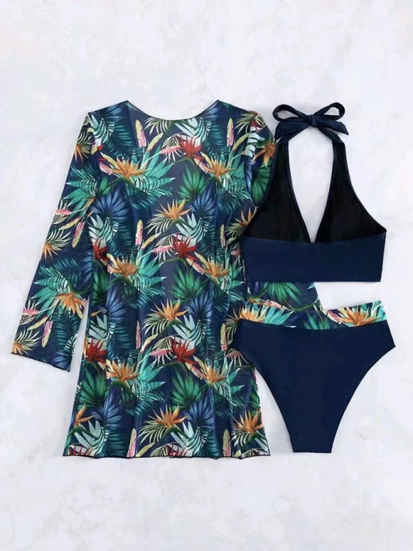 Bikini push-up split printed mesh three-piece set