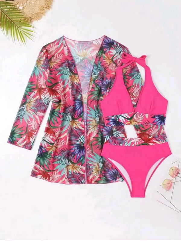 Bikini push-up split printed mesh three-piece set